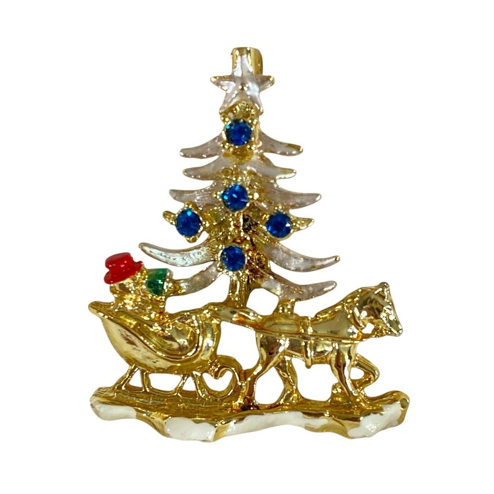 Vintage Christmas Brooch Holiday Pin Sleigh Ride Snowman Tree Gold Tone